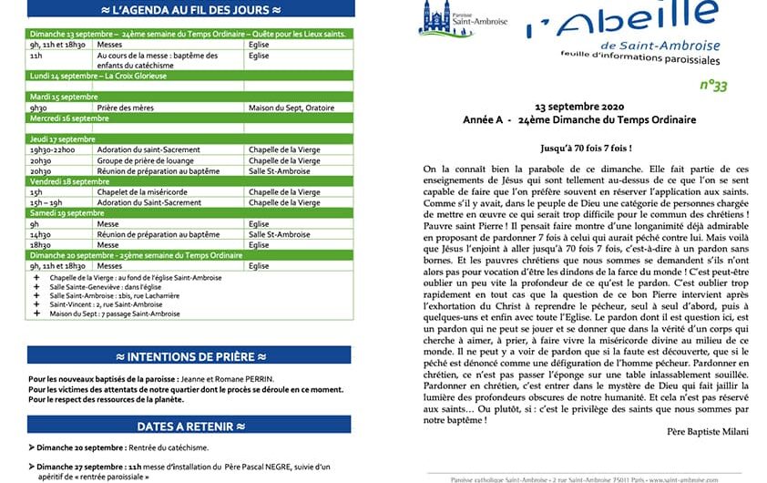Feuille paroissiale n° 33 du 13 septembre 2020