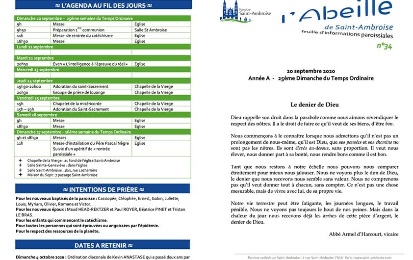 Feuille paroissiale n° 34 du 20 septembre 2020