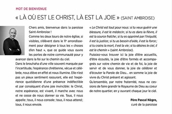 mot de bienvenue 2025 2026 du curé de Saint Ambroise