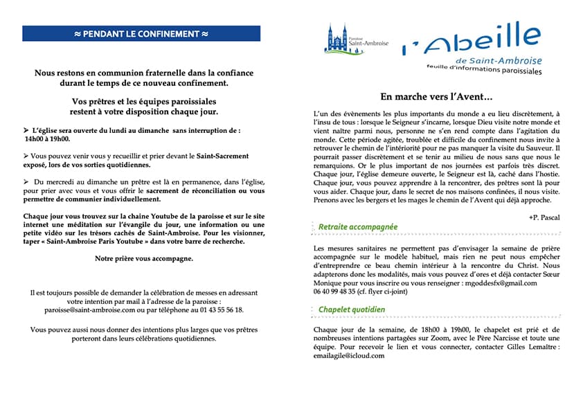 Feuille Paroissiale N° 42 Du 15 Novembre 2020 | Paroisse Saint Ambroise