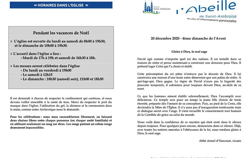 Feuille paroissiale n° 47 du 20 décembre 2020