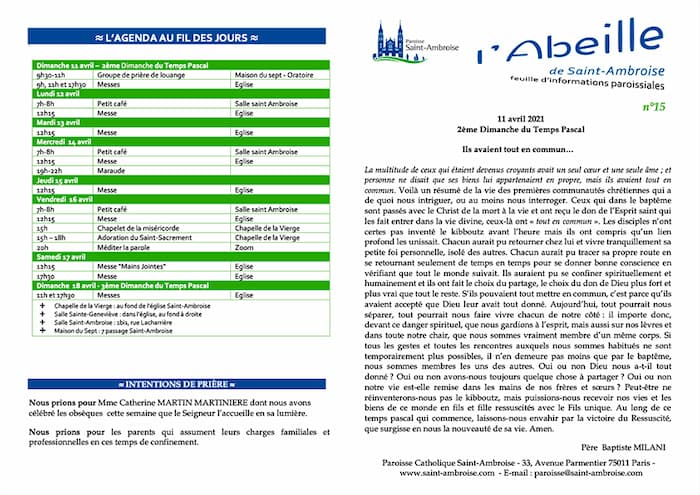 Feuille paroissiale n° 15 du 11 avril 2021