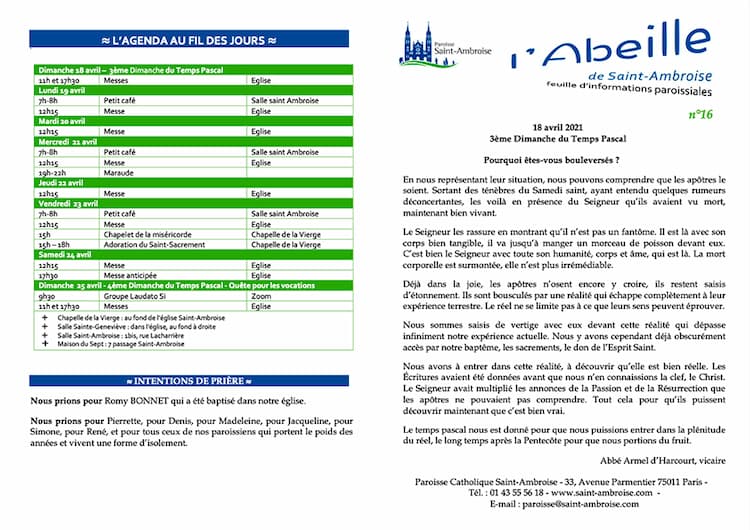 Feuille paroissiale n° 16 du 18 avril 2021