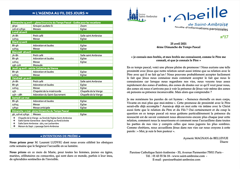 Feuille Paroissiale N° 17 Du 25 Avril 2021 | Paroisse Saint-Ambroise