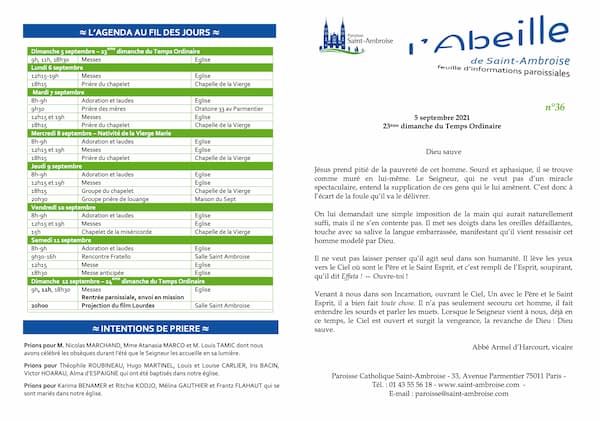 Feuille paroissiale n° 36 du 5 septembre 2021