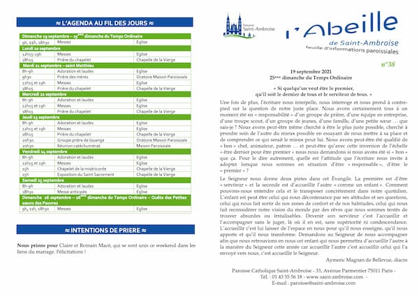 Feuille paroissiale n° 38 du 19 septembre 2021