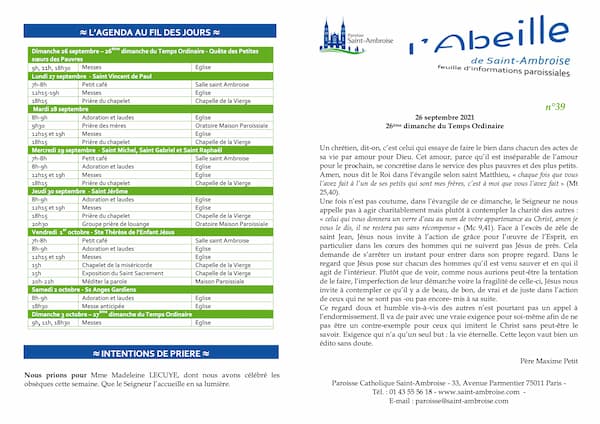 Feuille paroissiale n° 39 du 26 septembre 2021