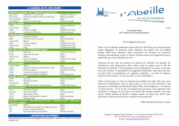 Feuille paroissiale n° 46 du 14 novembre 2021