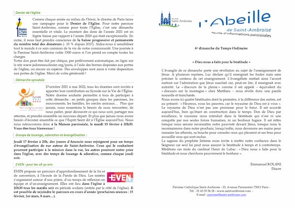 Feuille paroissiale n° 12 du 13 février 2022