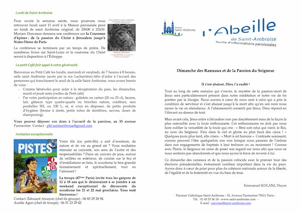 Feuille paroissiale n° 20 du 10 avril 2022