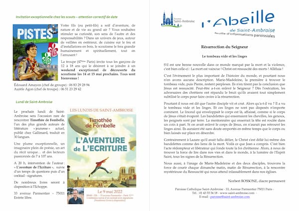 Feuille paroissiale n° 21 du 17 avril 2022