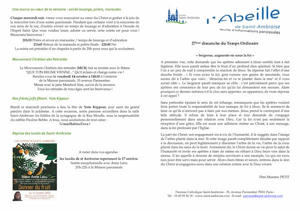 Feuille paroissiale n° 39 du 2 octobre 2022