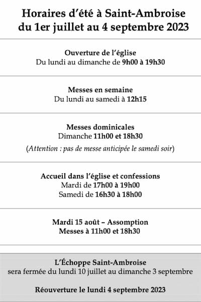 horaires d'été 2023 pour les messes à Saint Ambroise Paris