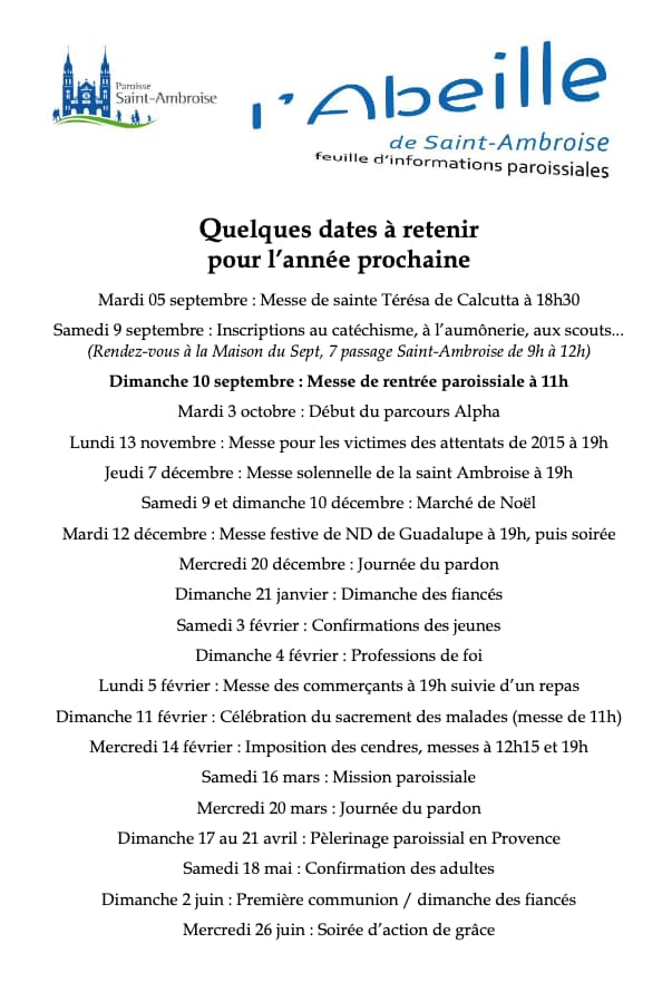 les grandes dates pour l'année 2023-24 à Saint Ambroise Paris