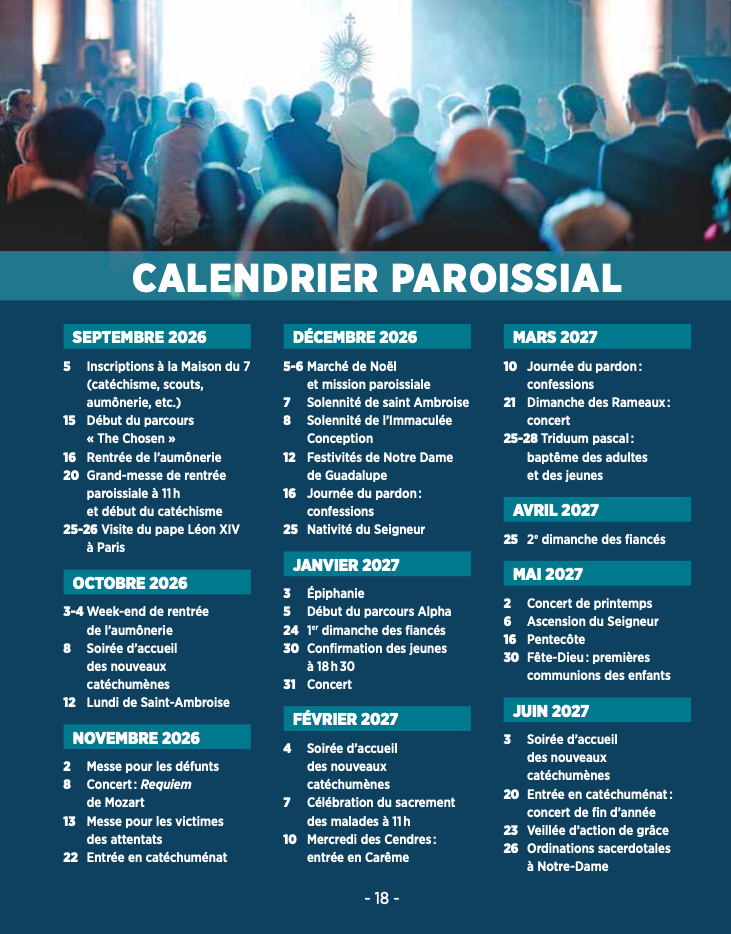 les grandes dates pour l'année 2026-27 à Saint Ambroise Paris