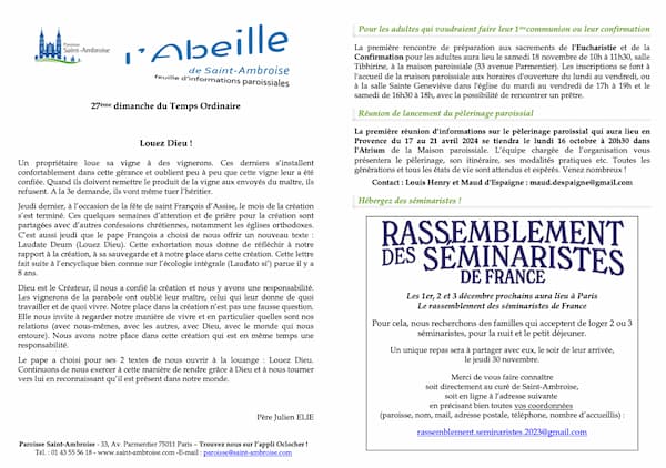 Feuille paroissiale du 27ème dimanche 2023
