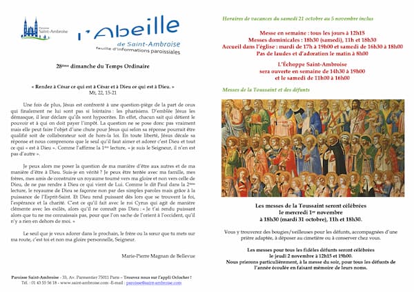 Feuille paroissiale du 29ème dimanche 2023