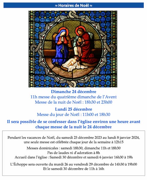 Flyer horaires de noel 2023 à Saint Ambroise