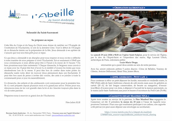 Feuille paroissiale de la Solennité du Saint-Sacrement