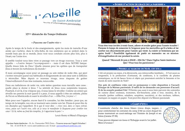Feuille paroissiale du 12ème dimanche du Temps Ordinaire