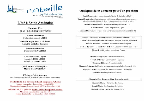 Feuille paroissiale des vacances d&rsquo;été 2024