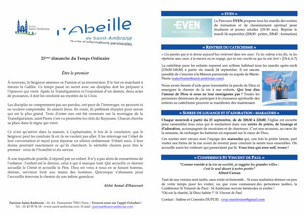 Feuille paroissiale du 25ème dimanche du Temps Ordinaire