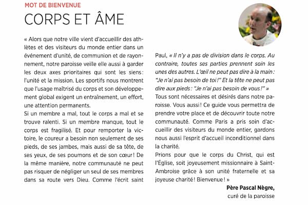 mot de bienvenue 2024 2025 du curé de Saint Ambroise