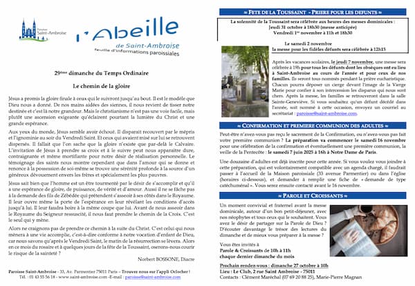 Feuille paroissiale du 29ème dimanche du Temps Ordinaire