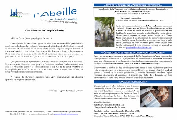Feuille paroissiale du 30ème dimanche du Temps Ordinaire