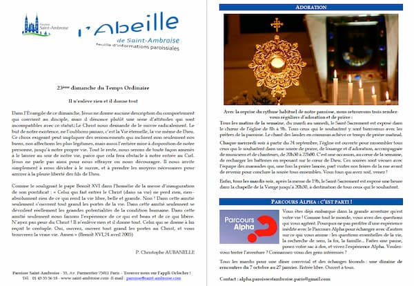 Feuille paroissiale du 23ème dimanche 2025